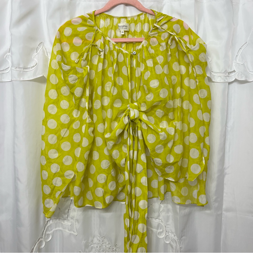 Psoha By Vzquez De Castro Lime Polka Dot Silk Cotton Tie Blouse Xs